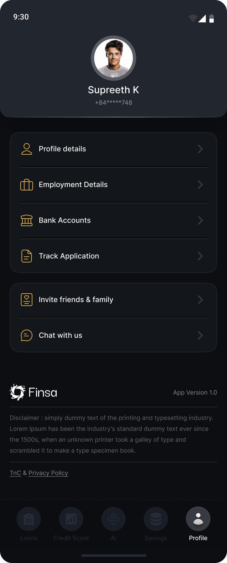 Finsa app — Profile