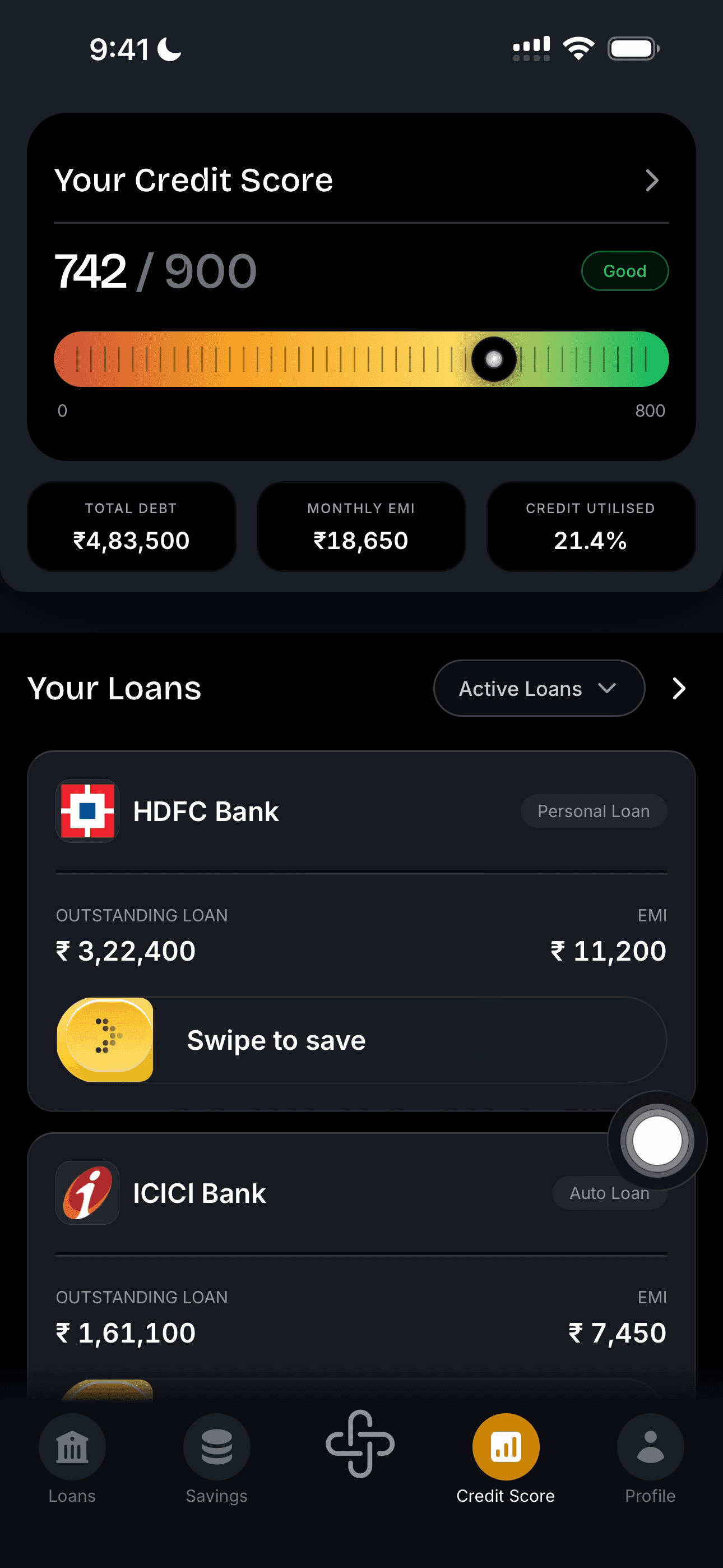 Finsa app showing a 742 Equifax credit score and the user's loans, each with a Swipe to save handle