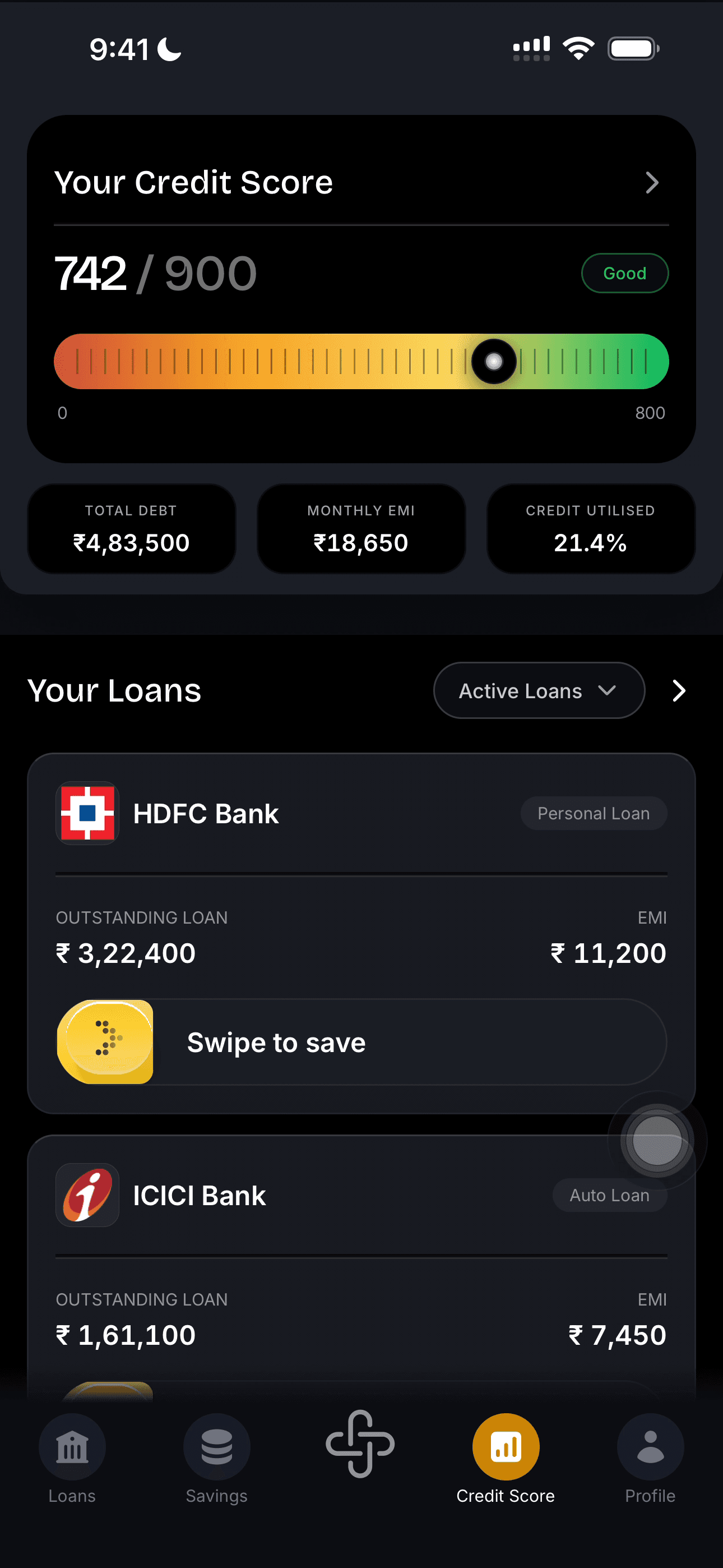 Credit Score tab: the loans, each with a Swipe to save handle